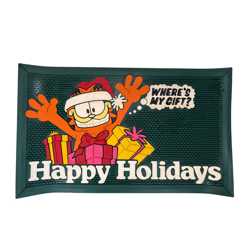 Vintage 1978 Garfield Happy Holidays Rubber Doormat Christmas Decor Green Mat